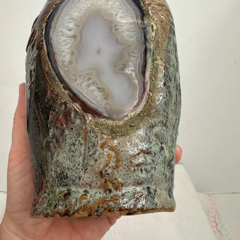 Terrance M Bedell Studio Pottery Vase Handmade signed '14‎ Brown Geode luminary
